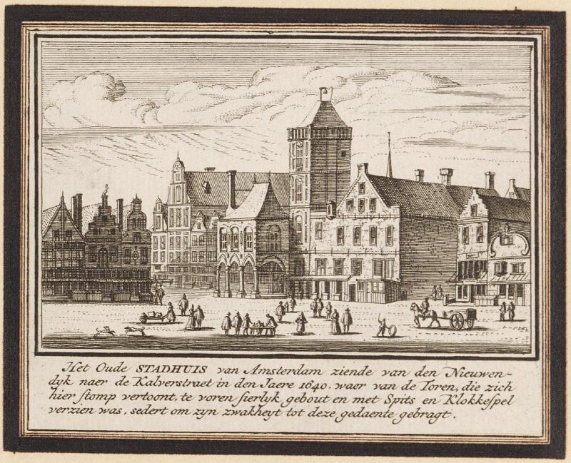 Illustratie van het oude stadhuis van Amsterdam, door Abraham Rademaker