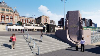 Artist impression van de boulevard van Scheveningen met de nieuwe locatie van het Monument Leger & Vloot