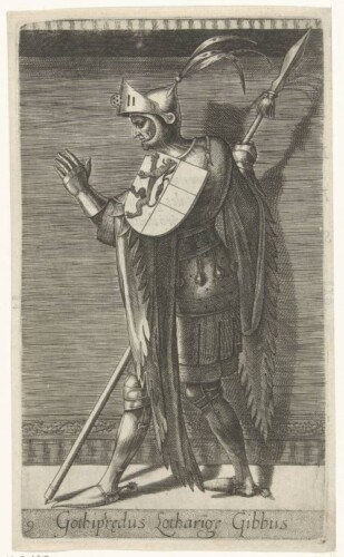 Gothipredus Lotharige Gibbus (1578), gravure Godfried III met de Bult. Op zijn linkerschouder het wapenschild van Holland.