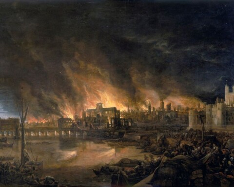 De grote brand van Londen, onbekende schilder, 17e eeuw. Rechts The Tower, die niet door het vuur werd getroffen.