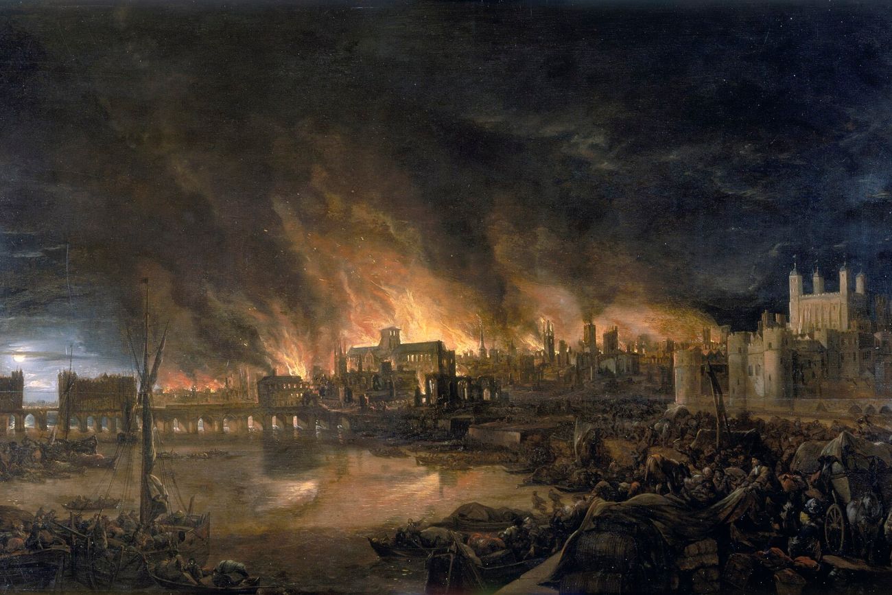 De grote brand van Londen, onbekende schilder, 17e eeuw. Rechts The Tower, die niet door het vuur werd getroffen.