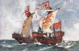 Schilderij van een Portugees koggeschip, door Charles Dixon