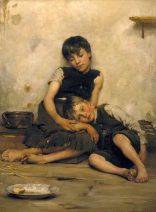 Weeskinderen geschilderd door Thomas Kennington in 1885