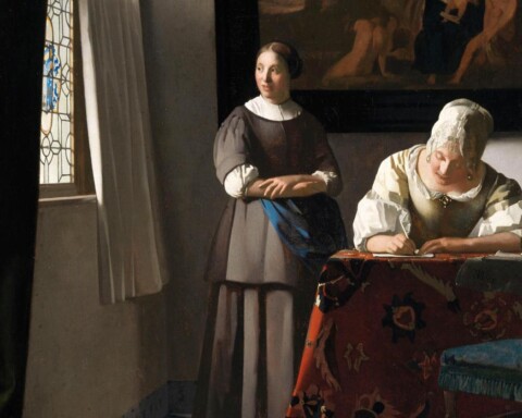 ‘Schrijvende vrouw met dienstbode’, ca. 1670-1671 door Johannes Vermeer