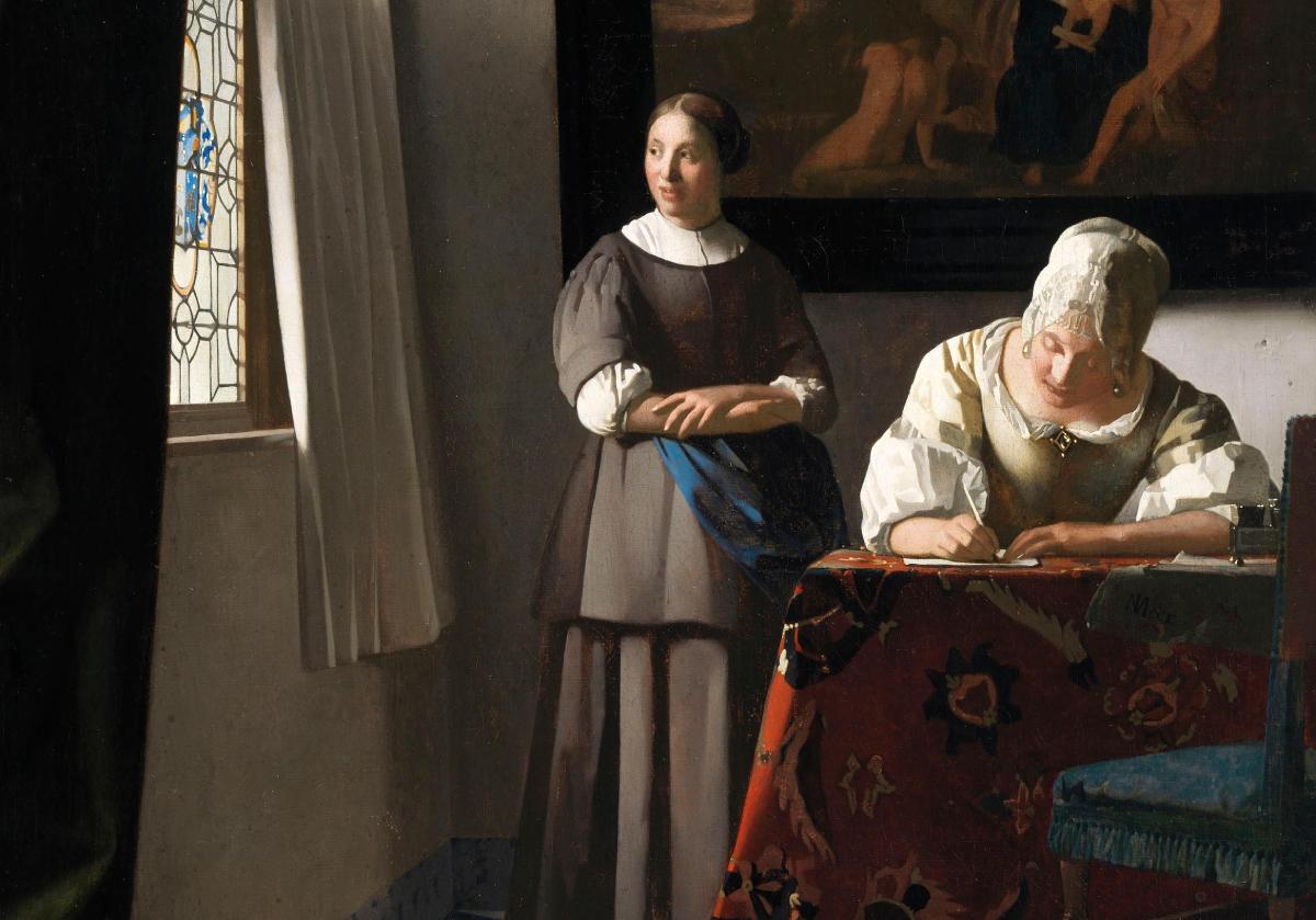 ‘Schrijvende vrouw met dienstbode’, ca. 1670-1671 door Johannes Vermeer