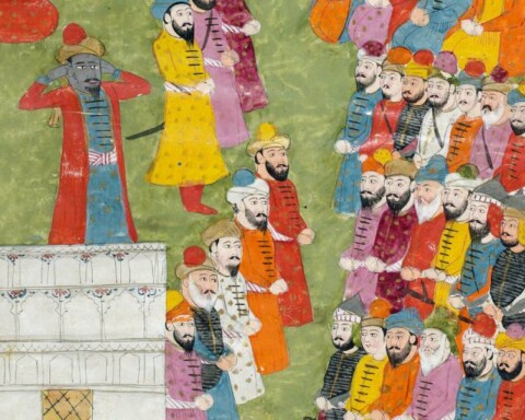 Fragment uit een islamitische miniatuur waarop Bilal ibn Rabah vanaf de top van de Kaäba oproept tot het gebed (volledige miniatuur staat in het artikel)