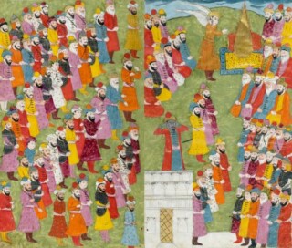Islamitische miniatuur van Jibril met instructies over hoe men de oproep tot het gebed tot Mohammed (gouden vlam) moet uitvoeren en hoe Bilaal ibn Rabah, vanaf de top van de Kaäba oproept tot het gebed.