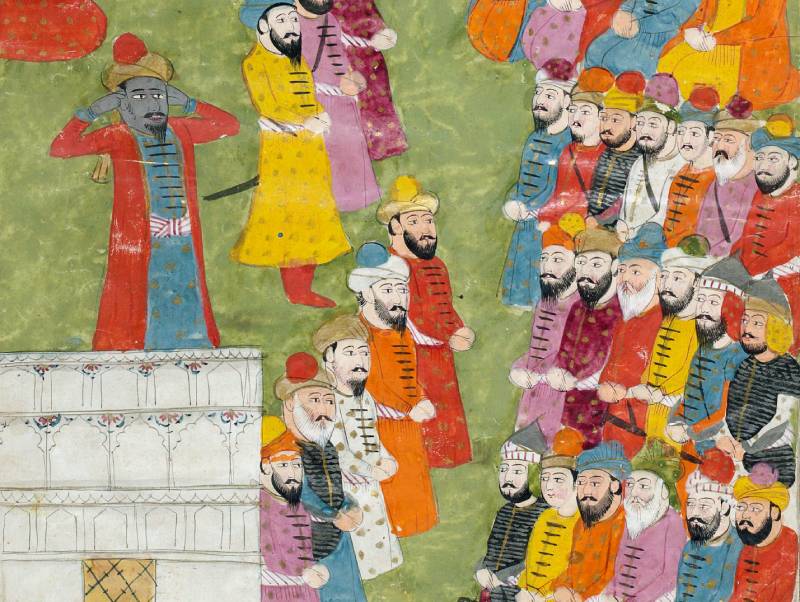Fragment uit een islamitische miniatuur waarop Bilal ibn Rabah vanaf de top van de Kaäba oproept tot het gebed (volledige miniatuur staat in het artikel)