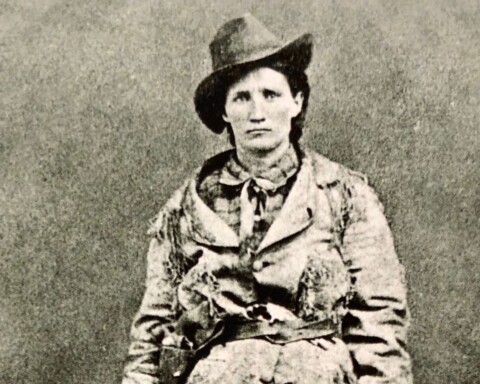 Klassieke foto van 'Calamity Jane' in buckskin (ca. 1876)