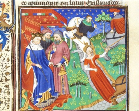 De dood van koningin Brunhilde zoals verbeeld in De casibus virorum illustrium, ca. 1479/80