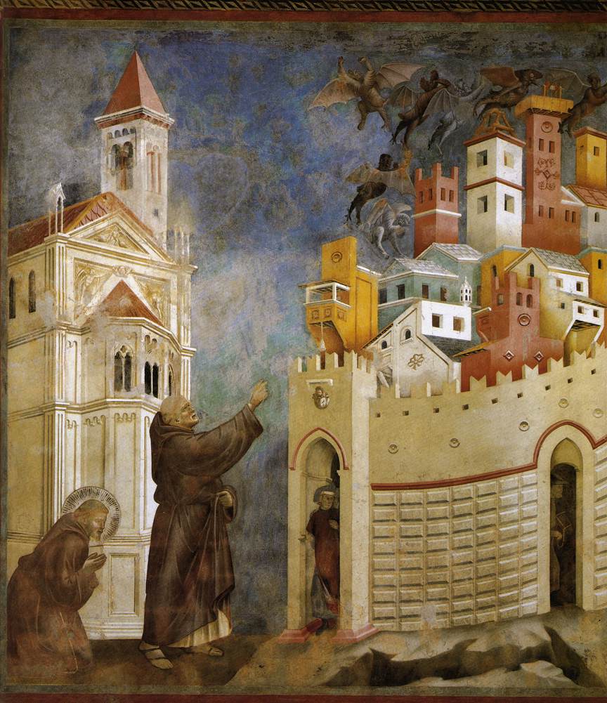 Franciscus van Assisi drijft duivels uit in Arezzo. Schilderij van Giotto