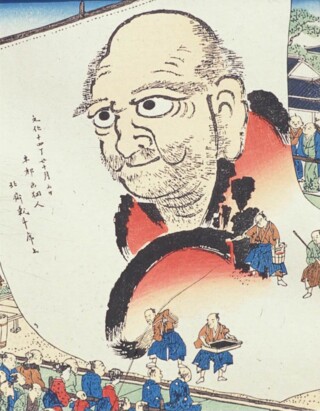 Hokusai schildert de Grote Daruma bij de Honganji-tempel in Nagoya