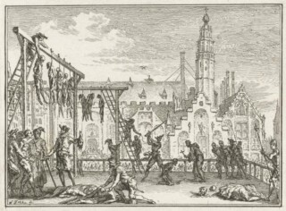 Voorstelling uit de vaderlandse geschiedenis. Op een plein in een stad zijn links een groep veroordeelden opgehangen en worden rechts figuren om de beurt onthoofd