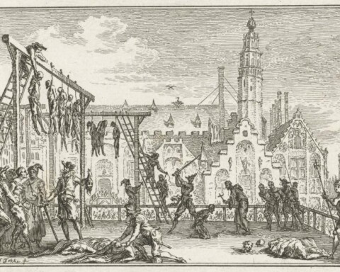 Voorstelling uit de vaderlandse geschiedenis. Op een plein in een stad zijn links een groep veroordeelden opgehangen en worden rechts figuren om de beurt onthoofd