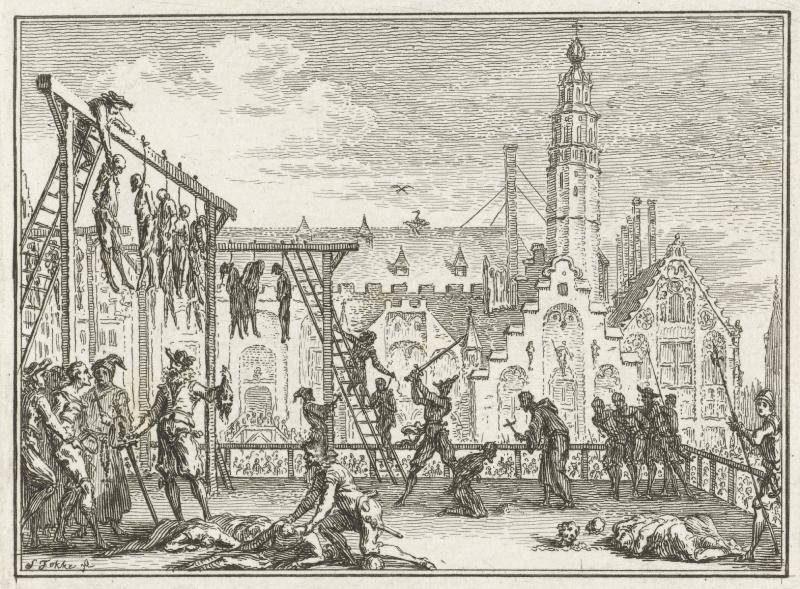 Voorstelling uit de vaderlandse geschiedenis. Op een plein in een stad zijn links een groep veroordeelden opgehangen en worden rechts figuren om de beurt onthoofd