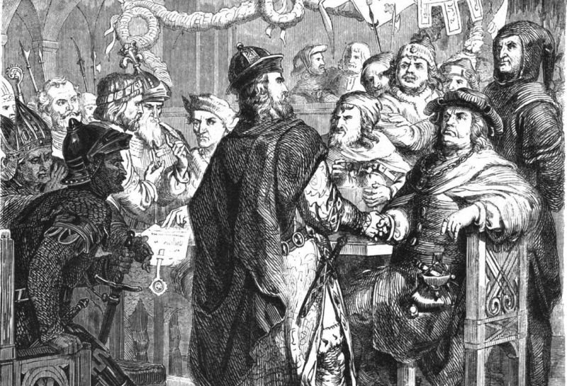 Afgevaardigden van de Keulse Confederatie, een militaire alliantie van de Hanzesteden. Ze bespreken vredesvoorwaarden met de Denen in Stralsund, 1370