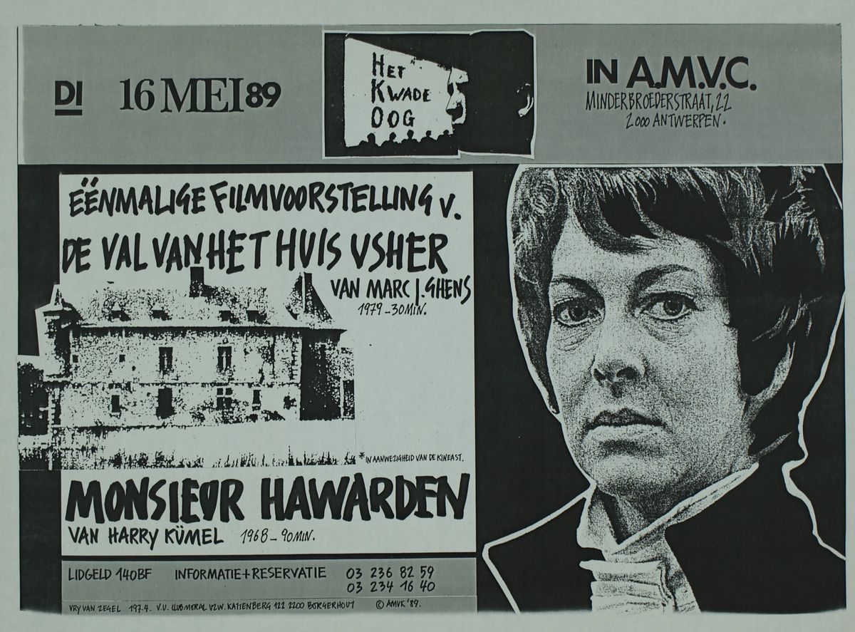 Aankondiging voor een vertoning van de film 'Monsieur Hawarden' met Ellen Vogel