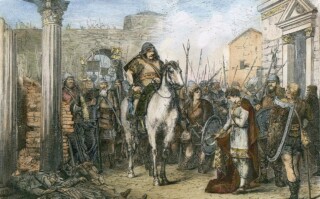 Romulus Augustulus zwicht voor Odoaker. Historieprent uit de negentiende eeuw.