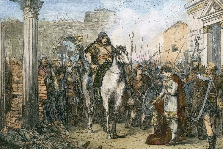 Romulus Augustulus zwicht voor Odoaker. Historieprent uit de negentiende eeuw.