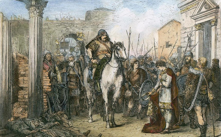 Romulus Augustulus zwicht voor Odoaker. Historieprent uit de negentiende eeuw.