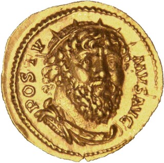 Portret van Postumus op een gouden aureus uit 268.