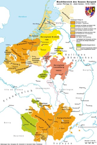 De noordelijke (‘landen van herwaarts over’) en zuidelijke (‘landen van derwaarts over’) gebieden onder Filips de Goede, hertog van Bourgondië.
