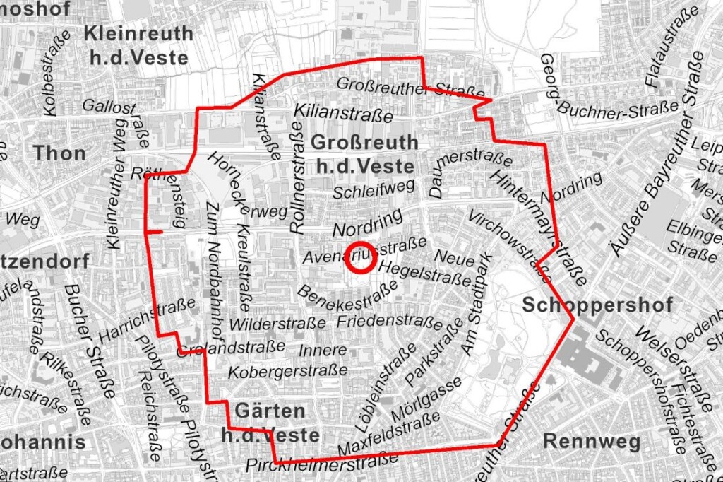 Kaart van het te ontruimen gebied - Stad Neurenberg