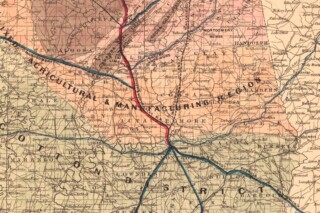 Detail van een kaart van Alabama met de South & North Alabama Railroad, ca. 1870