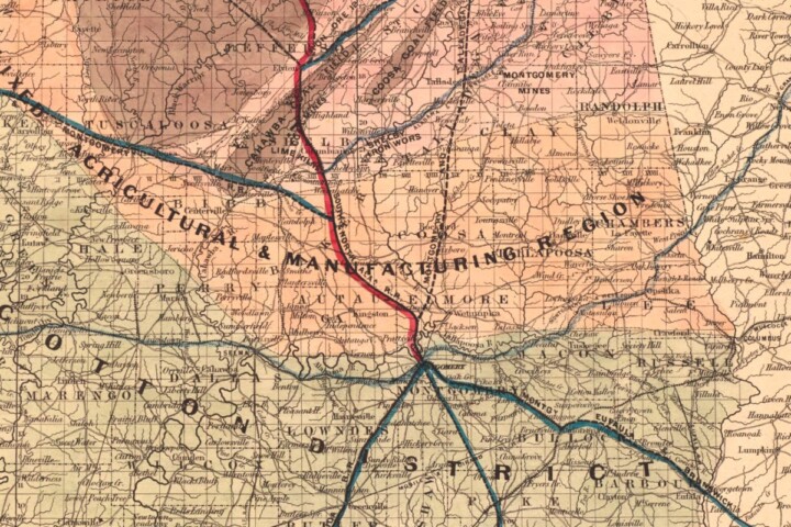 Detail van een kaart van Alabama met de South & North Alabama Railroad, ca. 1870