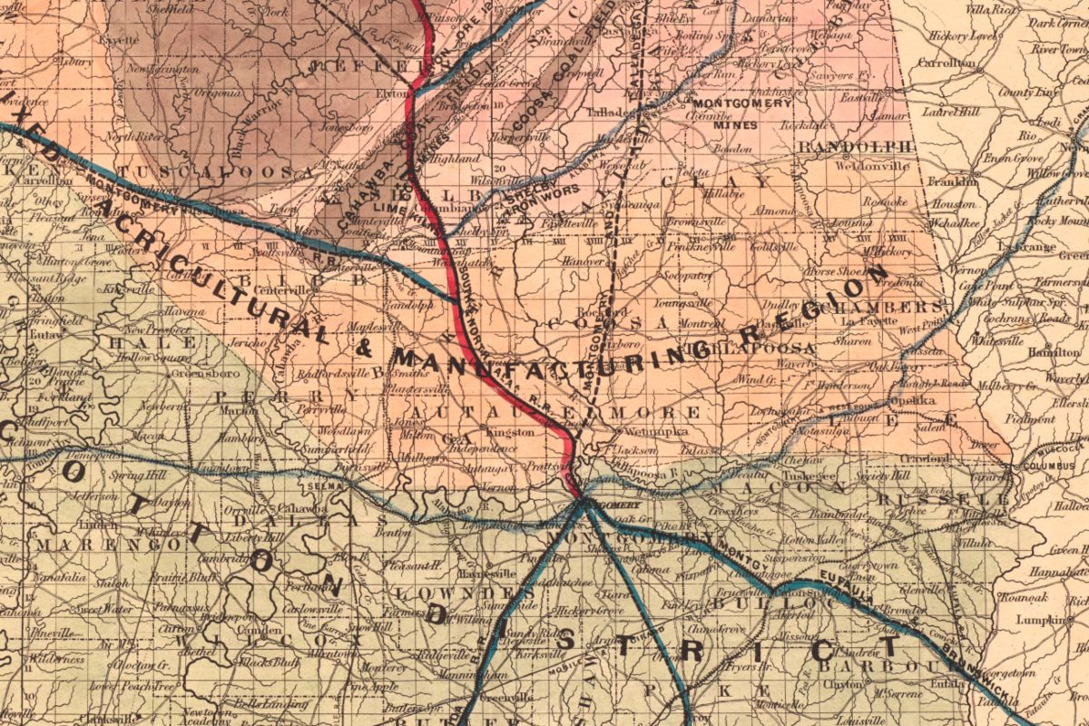 Detail van een kaart van Alabama met de South & North Alabama Railroad, ca. 1870