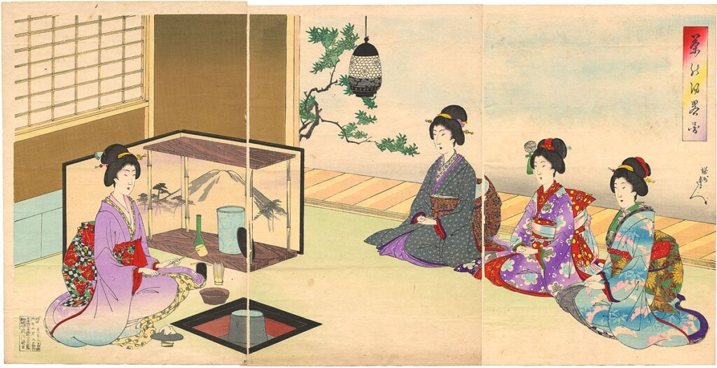 De Japanse theeceremonie. Gasten nemen plaats om thee te ontvangen