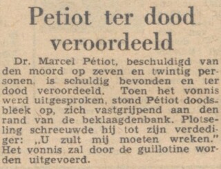 Bericht over de veroordeling van Marcel Petiot in Het Parool van 5 april 1946