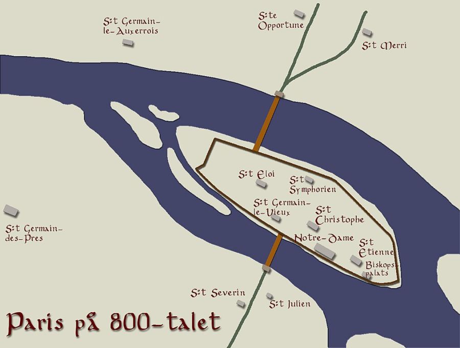 Gereconstrueerde kaart van Parijs op het Ile de la Cité en omgeving in de negende eeuw