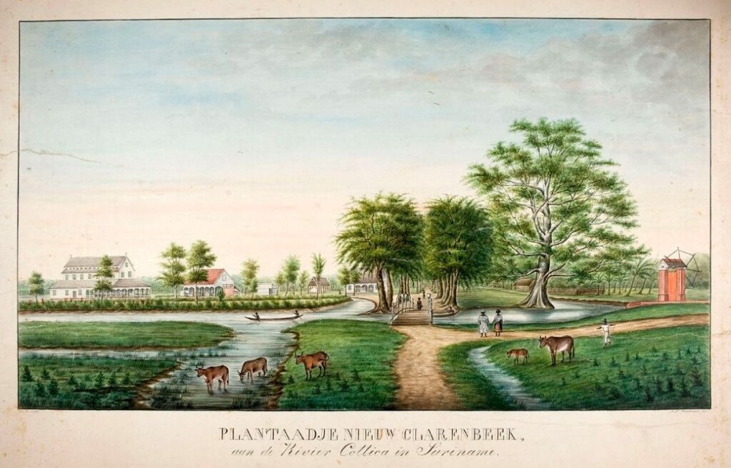 Een ietwat idyllische weergave van plantage Nieuw Clarenbeek uit 1860