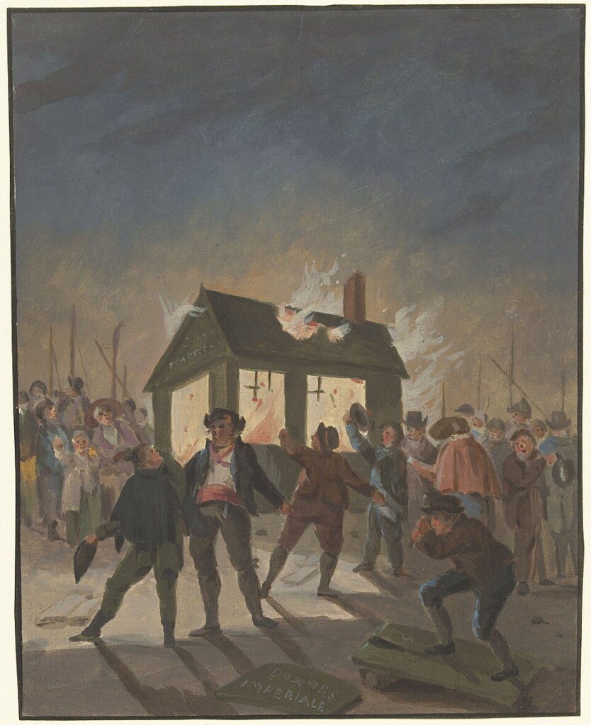 Brandend douanehuisje in Amsterdam op 15 november 1813