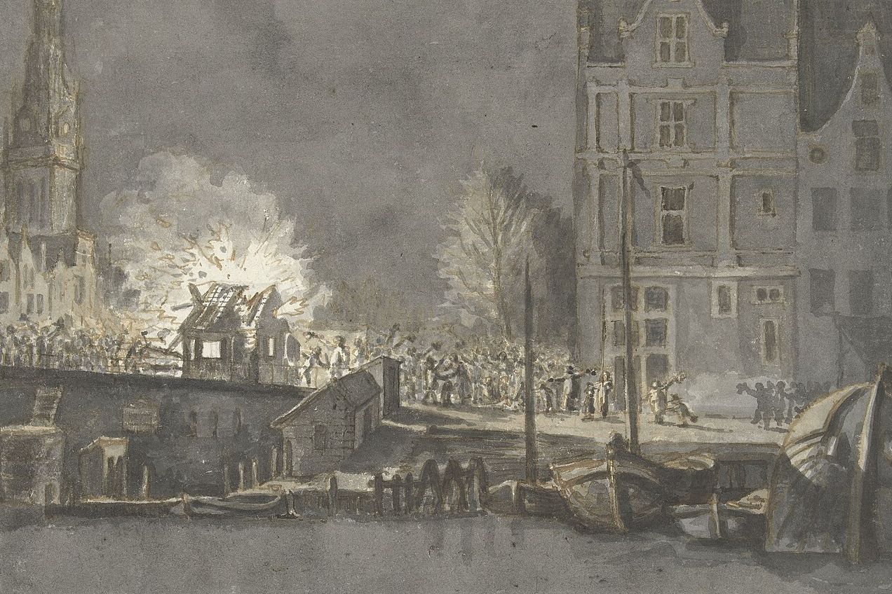 Verbranden der douanehuisjes bij de Nieuwebrug te Amsterdam, 15 november 1813 - Tekening van Gerrit Lamberts