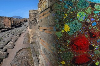 Nieuw opgegraven Romeinse muur in Pompeii, onderzocht op de samenstelling van antiek beton.