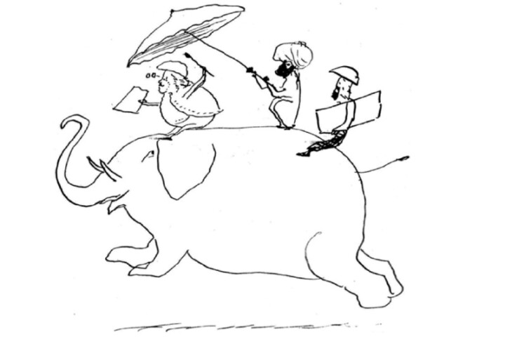 Edward Lear afgebeeld in een van zijn eigen tekeningen. Een mahout houdt een parasol boven zijn hoofd. Lears Italiaanse assistent Georgio rijdt mee op het achtereind van de olifant.