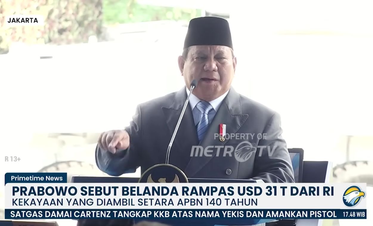 Metro TV toonde de uitspraak van president Prabowo Subianto dat koloniale macht Nederland 31 biljoen hedendaagse dollars aan Indonesië heeft onttrokken