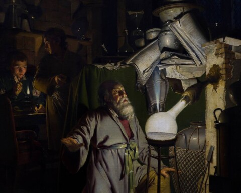 Fragment uit De alchemist op zoek naar steen der wijzen, door Joseph Wright in 1771