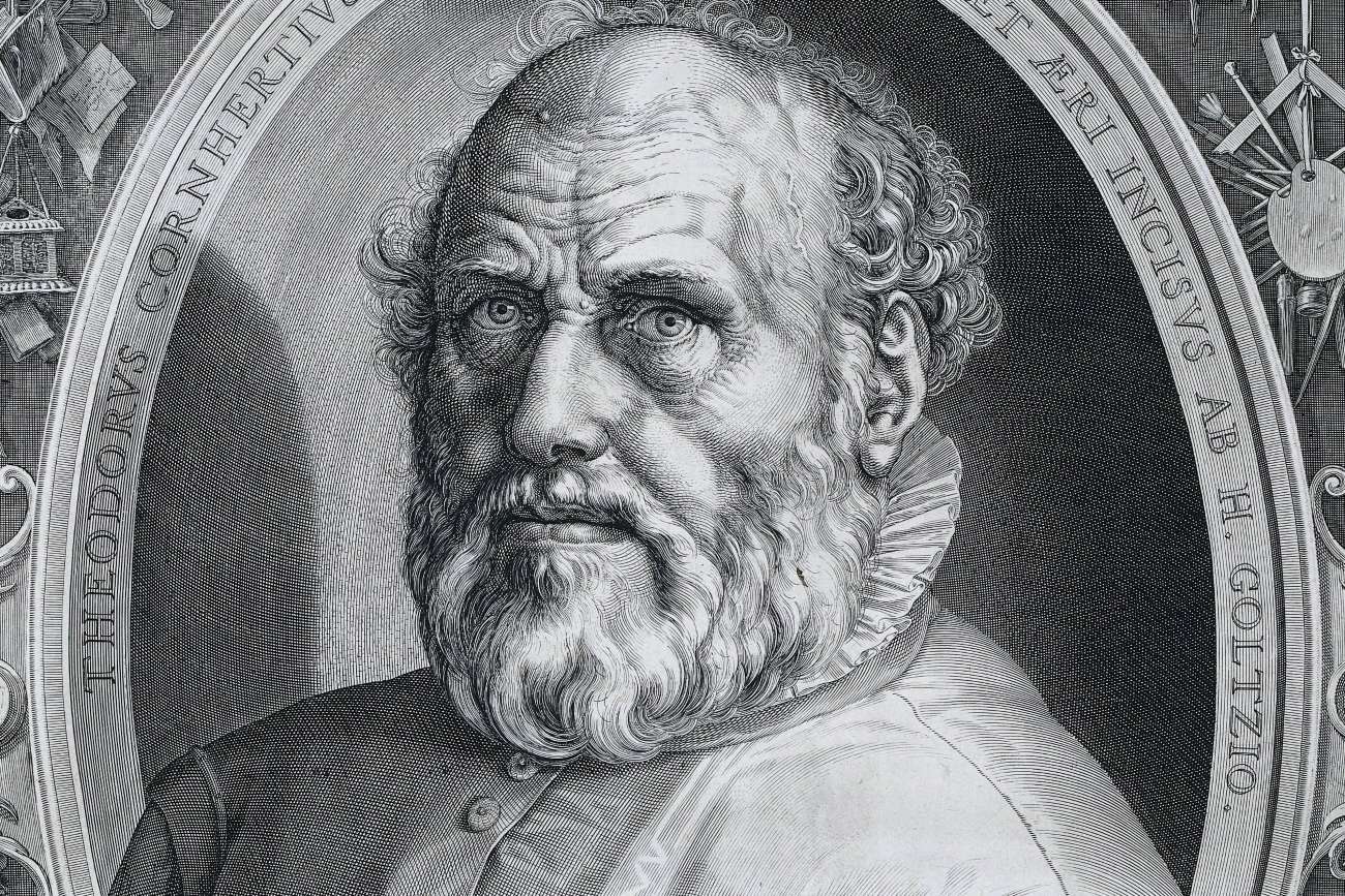 Portret van Dirck Volckertsz Coornhert Hendrick Goltzius, 1591-1592