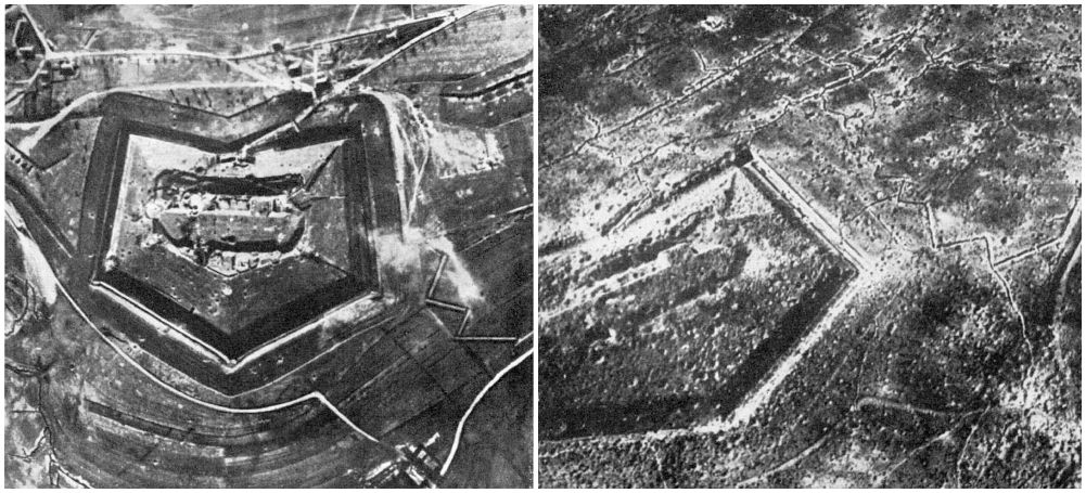 Luchtfoto's van het fort van Douaumont, voor en na de strijd