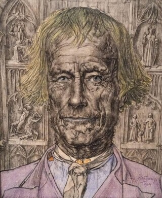 Jan Toorop, Het hoofd van een man van Walcheren, staand voor een Gotisch reliëf, 1904