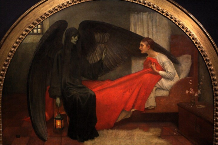 Het bekende schilderij 'Death and the Maiden' van Marianne Stokes, dat ook te zien is op de omslag van 'The Hour of Our Death'