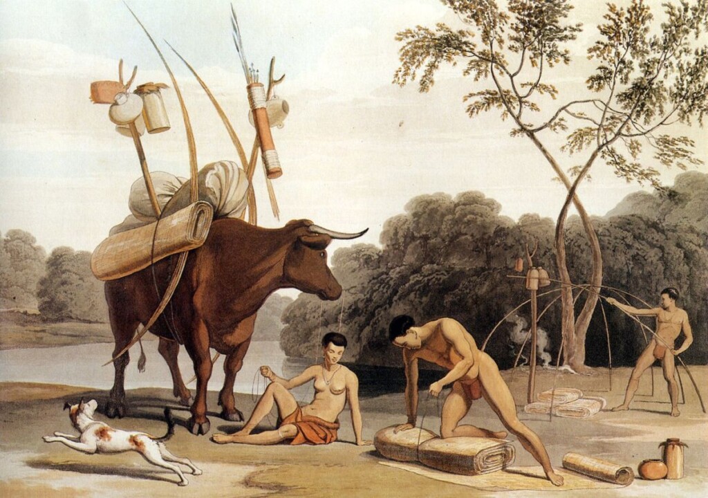 Korah-Khoikhoi breken hun hutten af om naar nieuwe weidegronden te trekken, aquatint – Samuel Daniell, 1805.