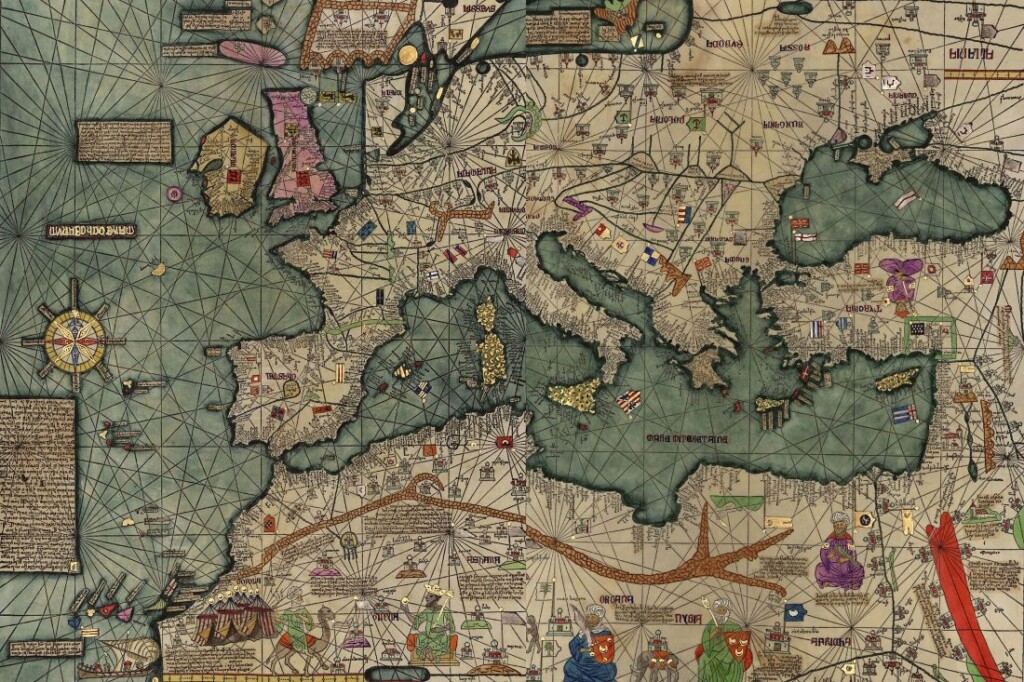 Deel van de atlas van Abraham Cresques uit 1375 met daarop een afbeelding van koning Mansa Moussa.