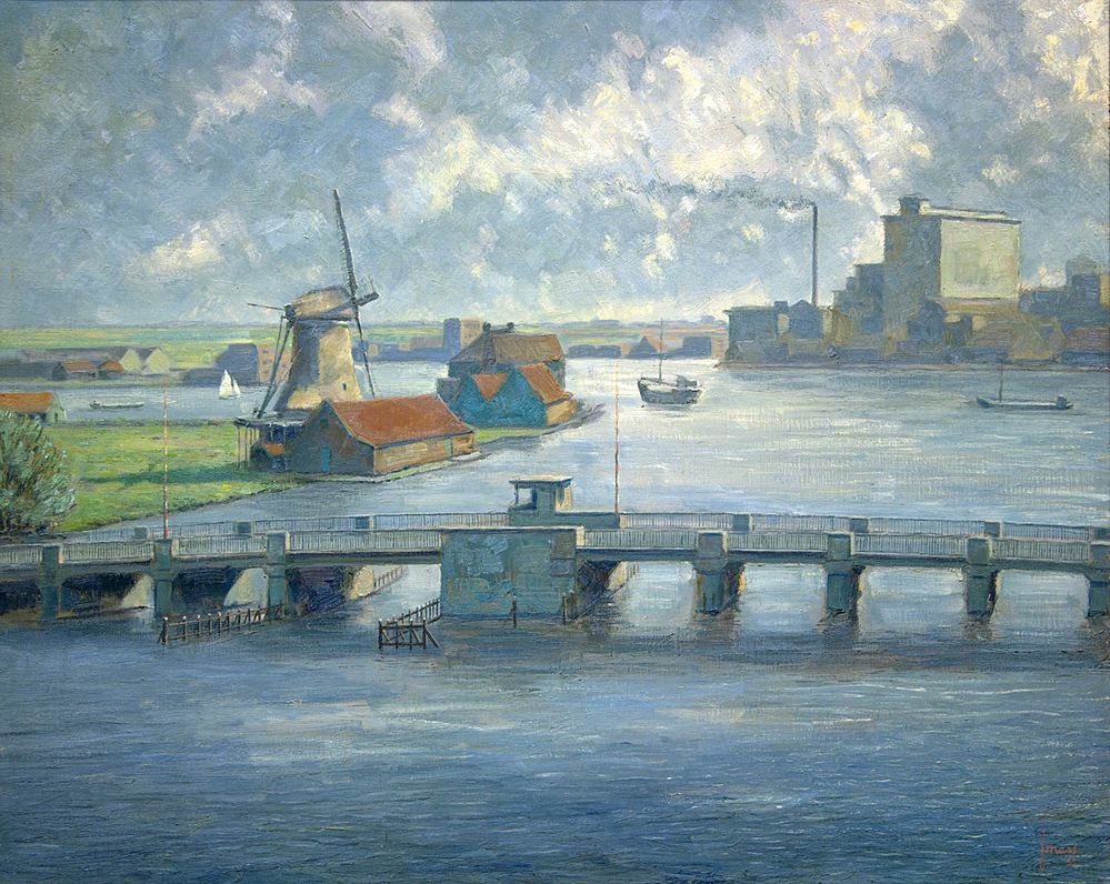 Frans Mars, Zicht op de Julianabrug, met op de achtergrond molen 'De Ooievaar' en de stijfselfabriek De Bijenkorf 1955
