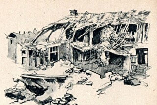 Verwoestingen in IJmuiden, tekening van Herman Moerkerk in ‘Verwoest Nederland: een tocht langs de puinen’