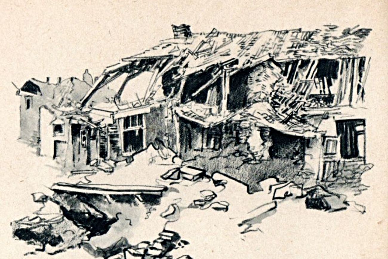 Verwoestingen in IJmuiden, tekening van Herman Moerkerk in ‘Verwoest Nederland: een tocht langs de puinen’