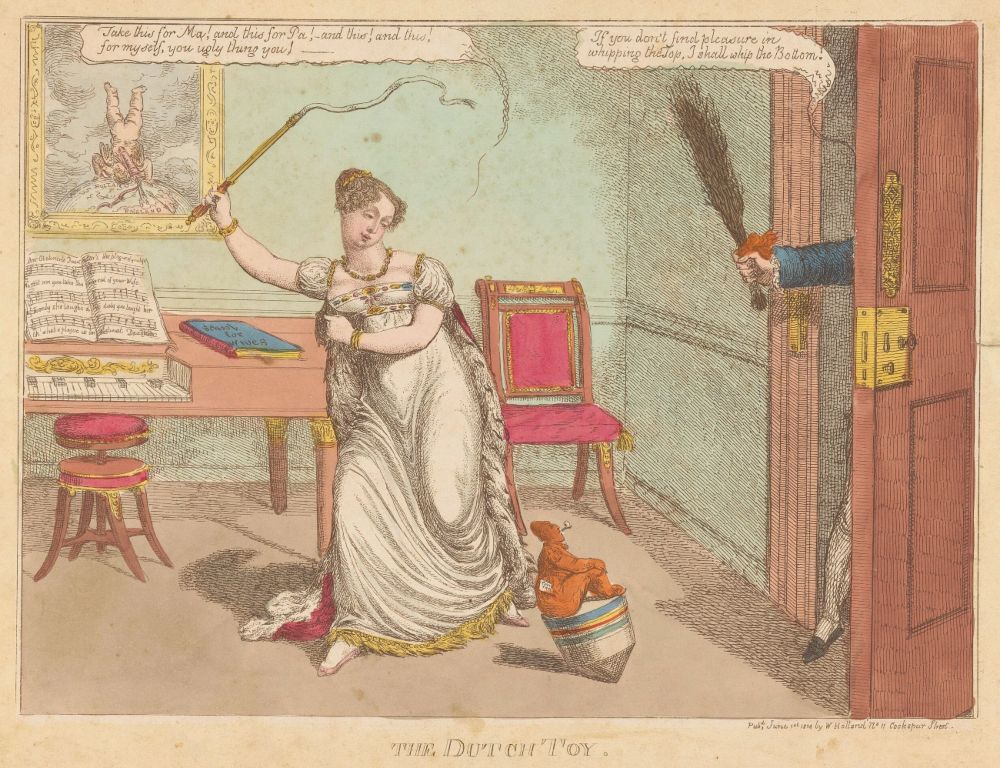 Spotprent uit 1814 waarin prins Willem als tol wordt afgebeeld die door prinses Charlotte wordt ‘geslagen’,
